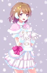 Rule 34 | 10s, 1girl, bow, brown hair, gloves, hairband, koizumi hanayo, looking at viewer, love live!, love live! school idol project, open mouth, pink eyes, short hair, simple background, skirt, smile, snow, snow halation, snowflakes, solo, white gloves, yuki (sangeki5806)