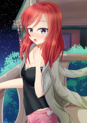 Rule 34 | 1girl, :o, absurdres, artist name, artist request, black shirt, blush, breasts, cleavage, collarbone, female focus, grey jacket, hair between eyes, twirling hair, highres, jacket, looking at viewer, love live!, love live! school idol project, night, night sky, nishikino maki, open clothes, open jacket, outdoors, pants, pink pants, pink shorts, playing with own hair, purple eyes, red hair, shirt, short hair, shorts, sky, small breasts, solo, star (sky), translation request, tree, tyamiy