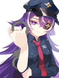 Rule 34 | 1girl, absurdres, alternate costume, blue hat, blue jacket, cabbie hat, chevreuse (genshin impact), commentary request, cuffs, eyepatch, genshin impact, hair between eyes, handcuffs, hat, highres, holding, holding handcuffs, jacket, long hair, long sleeves, looking at viewer, mole, mole under mouth, multicolored hair, necktie, purple eyes, purple hair, red necktie, smile, solo, streaked hair, upper body, very long hair, wafuu tsunamayo, white hair