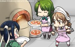 Rule 34 | +++, 3girls, apron, blue hair, brown eyes, brown hair, commentary request, dated, detached sleeves, drooling, food, green hair, hachimaki, hamu koutarou, headband, highres, kantai collection, littorio (kancolle), long hair, low-tied long hair, mole, mole under mouth, multiple girls, open mouth, pantyhose, peel (tool), pizza, plate, ponytail, souryuu (kancolle), sweatdrop, twintails, yuugumo (kancolle)