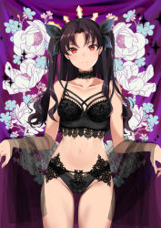 Rule 34 | 1girl, bare shoulders, black bow, black bra, black choker, black hair, black panties, blush, bow, bra, breasts, choker, closed mouth, collarbone, cowboy shot, fate/grand order, fate (series), groin, hair bow, ice (ice aptx), ishtar (fate), ishtar (fate), lace, lace-trimmed bra, lace-trimmed panties, lace trim, lingerie, long hair, looking at viewer, navel, panties, parted lips, red eyes, see-through, small breasts, smile, solo, sparkle, stomach, two side up, underwear, underwear only