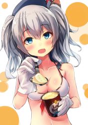 Rule 34 | 10s, 1girl, absurdres, alternate costume, bad id, bad twitter id, bare shoulders, beret, bikini, blue eyes, breasts, cleavage, collarbone, commentary request, eyebrows, gloves, hat, highres, kantai collection, kashima (kancolle), looking at viewer, open mouth, solo, sunsuke, swimsuit, twintails, white bikini, white gloves