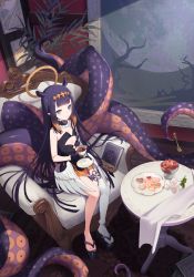 Rule 34 | animal ears, ao-chan (ninomae ina&#039;nis), black hair, book, commentary request, flat chest, halo, headband, highres, hololive, hololive english, icomochi, long hair, looking at viewer, ninomae ina&#039;nis, ninomae ina&#039;nis (1st costume), painting (object), platform clogs, purple eyes, single thighhigh, sitting, table, tea, tentacles, thighhighs, virtual youtuber