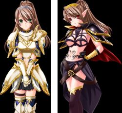 Rule 34 | armor, before and after, brown hair, custom slave f, dark persona, knight, long hair, midriff, navel, ponytail, tattoo, thighhighs, transformation