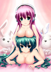 Rule 34 | 2girls, :3, absurdres, aqua eyes, aqua hair, bad id, bad pixiv id, blue eyes, blush, breast press, breast rest, breasts, breasts on head, rabbit, female focus, girl on top, green hair, hand on another&#039;s shoulder, hands on another&#039;s shoulders, hatsune miku, headphones, highres, long hair, looking at viewer, lying, megurine luka, multiple girls, nipples, nitroplus, nude, on stomach, open mouth, pink hair, purple hair, stuffed animal, stuffed toy, super sonico, twintails, very long hair, vocaloid, yuri, zheyi parker