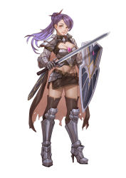 Rule 34 | 1girl, absurdres, armor, belt, blush, boots, breasts, brown cape, brown eyes, brown skirt, brown thighhighs, cape, cleavage, cleavage cutout, clothing cutout, full body, gauntlets, greaves, grey footwear, hair ribbon, high heels, highres, holding, holding shield, holding sword, holding weapon, long hair, looking at viewer, medium breasts, midriff, miniskirt, navel, original, parted lips, ponytail, purple hair, red ribbon, ribbon, shield, shoulder armor, simple background, skirt, solo, standing, stomach, sword, thighhighs, vambraces, weapon, white background, xue qi ye (dndtmbdue)