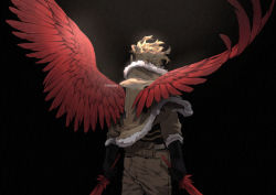 Rule 34 | 1boy, belt pouch, black background, black gloves, blonde hair, boku no hero academia, commentary, cowboy shot, english commentary, feathered wings, feathers, from behind, fur trim, gloves, hair slicked back, hawks (boku no hero academia), high collar, holding, holding weapon, jacket, kadeart, male focus, pouch, shirt tucked in, simple background, solo, standing, weapon, wings