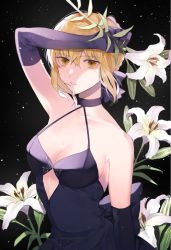 Rule 34 | 1girl, artoria pendragon (all), artoria pendragon (fate), black background, blonde hair, bow, breasts, cleavage, cleavage cutout, clothing cutout, collarbone, dress, fate/grand order, fate (series), flower, gloves, hand on own head, holding, holding flower, looking at viewer, patterned background, purple dress, purple gloves, purple theme, saber alter, shimatori (sanyyyy), solo, white flower, yellow eyes