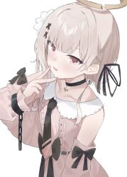Rule 34 | 1girl, absurdres, bare shoulders, black choker, blush, choker, collarbone, detached sleeves, evening rabbit, grey hair, highres, indie virtual youtuber, looking at viewer, open mouth, pink eyes, short hair, simple background, smile, solo, tokusari kukuri, virtual youtuber, white background