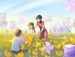 Rule 34 | 1boy, 2girls, black pants, book, book stack, bow, brown hair, camera, child, china dress, chinese clothes, closed eyes, day, devotion, dress, du fengyu, du meishin, elephant slide, family, field, flower, flower field, gong lifang, hair bow, happy, highres, long hair, long sleeves, multiple girls, outdoors, pants, pantyhose, pinafore dress, pinwheel, red dress, shirt, skirt hold, sleeveless dress, stalin (artist), t-shirt, taking picture, white pantyhose, white shirt