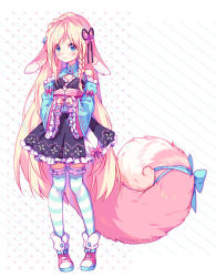 Rule 34 | 1girl, animal ears, black dress, blonde hair, blue eyes, blue sleeves, boots, bow, braid, commission, detached sleeves, dress, fox ears, fox tail, full body, hair bow, hyanna-natsu, long hair, original, own hands together, pink footwear, ribbon, short dress, smile, solo, striped clothes, striped thighhighs, tail, tail ornament, tail ribbon, thighhighs
