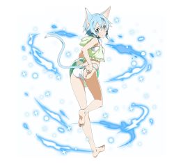 Rule 34 | 1girl, adjusting clothes, adjusting swimsuit, animal ears, ass, ball, barefoot, bikini, blue eyes, blue hair, cat ears, cat tail, clothing cutout, feet, full body, hair ornament, holding, holding ball, looking at viewer, official art, short hair, sinon, sinon (sao-alo), soles, solo, standing, standing on one leg, swimsuit, sword art online, sword art online: code register, tail, tail through clothes, toes, transparent background, watermark, white bikini