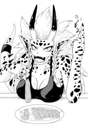 Rule 34 | 1girl, braid, breasts, claws, cleavage, earrings, fangs, food, highres, horns, jewelry, reptile girl, lizard tail, long hair, meat, monochrome, monster girl, one-punch man, raptora, ring, scales, shirt, tail