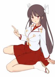 Rule 34 | 1girl, brown hair, commentary request, dress shirt, flat color, full body, hair ribbon, hakama, hakama skirt, highres, hime cut, hiyou (kancolle), ichikawa feesu, japanese clothes, kantai collection, long hair, magatama, red eyes, red skirt, ribbon, sandals, shirt, simple background, skirt, socks, solo, tabi, unfinished, white background, white socks