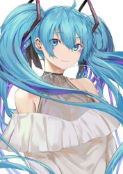Rule 34 | 1girl, absurdly long hair, anniversary, aqua eyes, aqua hair, artist name, artist request, bare shoulders, black vest, blue eyes, blue hair, female focus, hatsune miku, long hair, looking at viewer, parted lips, shirt, sleeveless, smile, solo, star tattoo, tattoo, twintails, very long hair, vest, vocaloid, white background, white shirt