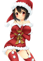 Rule 34 | 10s, 1girl, bare shoulders, black hair, black panties, blush, breasts, elbow gloves, garter belt, gloves, hat, kantai collection, kuritomo, large breasts, panties, red eyes, red gloves, red thighhighs, ribbon, santa hat, short hair, simple background, solo, takao (kancolle), thighhighs, underwear, white background