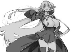 Rule 34 | 10mo, 1girl, arm up, bb (fate), bb (fate/extra), black coat, black skirt, blush, breasts, coat, fate/grand order, fate (series), gloves, greyscale, hair between eyes, hair ribbon, hand in own hair, hand on own hip, high-waist skirt, large breasts, leotard, long hair, long sleeves, looking at viewer, monochrome, neck ribbon, open clothes, open coat, open mouth, popped collar, ribbon, skirt, smile, solo, very long hair, white gloves, white leotard, wide sleeves