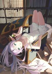 Rule 34 | 1girl, blue eyes, book, bookshelf, cic tatsumi, covered navel, dress, elf, frieren, gem, grey hair, highres, holding, holding gem, long hair, looking at viewer, open mouth, pointy ears, solo, sousou no frieren, treasure chest, twintails, white dress