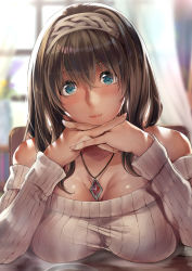 Rule 34 | 1girl, backlighting, bare shoulders, blue eyes, blurry, blurry background, breast rest, breasts, brown hair, head rest, cleavage, commentary request, hair between eyes, hairband, idolmaster, idolmaster cinderella girls, interlocked fingers, jewelry, large breasts, long hair, looking at viewer, necklace, nohito, off-shoulder, off-shoulder sweater, pendant, pov across table, ribbed sweater, sagisawa fumika, solo, sweater