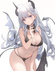 Rule 34 | 1girl, absurdres, ahoge, bare arms, bare shoulders, bikini, black bikini, blue eyes, breasts, cleavage, cowboy shot, demon girl, demon horns, demon tail, demon wings, detached collar, ear piercing, earrings, halterneck, hand on own thigh, highres, horns, jewelry, large breasts, leaning forward, long hair, looking at viewer, low wings, multi-strapped bikini, navel, nekojira, original, parted lips, piercing, pointy ears, revision, simple background, skindentation, solo, standing, stomach, string bikini, swimsuit, tail, tail raised, thea (nekojira), thighs, very long hair, white background, white hair, wings