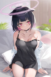 Rule 34 | 1girl, animal ears, black camisole, black choker, black hair, blue archive, blush, breasts, camisole, cat ears, choker, closed mouth, collarbone, colored inner hair, cowboy shot, halo, highres, indoors, kazusa (blue archive), long sleeves, looking at viewer, medium breasts, multicolored hair, nohohon neko, pink hair, pink halo, red eyes, short hair, sitting, solo