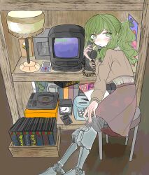 Rule 34 | 1girl, absurdres, amputee, brown skirt, brown sweater, cabinet, calculator, chair, clock, commentary, crt, double amputee, game console, green eyes, green hair, highres, holding, holding phone, lamp, long hair, long skirt, looking at viewer, open mouth, original, phone, ponytail, prosthesis, prosthetic leg, sega mega drive, sidelocks, sitting, sk76376502, skirt, solo, sweater, symbol-only commentary, typewriter