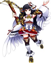 Rule 34 | 1girl, artist request, black hair, bowgun, detached sleeves, fox mask, full body, holding, holding weapon, long hair, mask, mask on head, official art, oshiro project:re, oshiro project:re, pleated skirt, red skirt, sanbonmatsu (oshiro project), skirt, solo, thighhighs, transparent background, very long hair, wavy hair, weapon, yellow eyes
