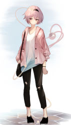 Rule 34 | 1girl, absurdres, alternate costume, asymmetrical clothes, bag, black bag, black footwear, black hairband, black pants, blue background, blue shirt, blush, buttons, casual, closed mouth, collarbone, contemporary, denim, drawstring, eyeball, floral print, gradient clothes, hairband, highres, holding, hood, hoodie, komeiji satori, long sleeves, looking at viewer, lumo 1121, no socks, open clothes, pants, pavement, pink eyes, pink hair, pink hoodie, puffy long sleeves, puffy sleeves, red eyes, rose print, shirt, short hair, shoulder bag, sleeve rolled up, solo, standing, third eye, touhou, white background, white shirt, wristband