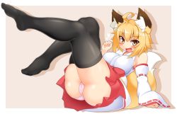 Rule 34 | 1girl, animal ear fluff, animal ears, arm support, ass, bare shoulders, black thighhighs, blonde hair, breasts, detached sleeves, fox ears, fox girl, fox tail, japanese clothes, large breasts, legs, medium hair, miko, miniskirt, original, panties, pink panties, skirt, solo, tachi yure, tail, thighhighs, underwear