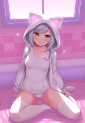 Rule 34 | 1girl, animal hood, breasts, dream (sasaame), full body, grey hair, highres, hood, hood up, indoors, medium breasts, no shoes, one-piece swimsuit, original, sasaame, school swimsuit, shallow water, solo, swept bangs, swimsuit, symbol-shaped pupils, thighhighs, water, white one-piece swimsuit, white thighhighs, window, yellow eyes