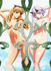 Rule 34 | 2girls, absurdres, arm up, armpits, blonde hair, blue eyes, breasts, captain of the royal guard elina, censored, cleavage, convenient censoring, earrings, elina (queen&#039;s blade), elina (queen's blade), female focus, groin, highres, hip focus, horns, huge filesize, jewelry, long hair, looking at viewer, multiple girls, navel, non-web source, nude, official art, queen&#039;s blade, rin-sin, shizuka (queen&#039;s blade), short hair, wading, water