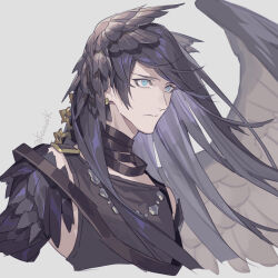 Rule 34 | 1boy, artist name, asymmetrical arms, bag, bandaged neck, bandages, black hair, black wings, blue eyes, commentary request, expressionless, feather hair, feathered wings, floating hair, from side, granblue fantasy, hair between eyes, light frown, long hair, looking ahead, male focus, messy hair, piercing, portrait, pota (bluegutty), sariel (granblue fantasy), shoulder bag, signature, single wing, solo, tank top, twitter username, wings