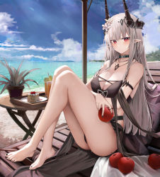 Rule 34 | 1girl, apple, arknights, arm strap, bare shoulders, beach, black choker, black nails, blush, breasts, cake, cake slice, choker, cleavage, closed mouth, feet, flower, food, fruit, full body, grey hair, hair flower, hair ornament, highres, horns, jewelry, large breasts, long hair, looking at viewer, mudrock (arknights), mudrock (silent night) (arknights), nail polish, necklace, official alternate costume, outdoors, pointy ears, red eyes, ru zhai, sitting, sky, solo, thighs, toes, water