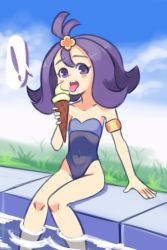 Rule 34 | !, 1girl, acerola (pokemon), armlet, blue one-piece swimsuit, blush, cloud, collarbone, creatures (company), drantyno, flower, food, game freak, grass, hair flower, hair ornament, highleg, highleg swimsuit, highres, holding, ice cream, ice cream cone, looking at viewer, matching hair/eyes, nintendo, one-piece swimsuit, open mouth, pokemon, pokemon sm, pool, purple eyes, purple hair, short hair, sitting, sky, soaking feet, swimsuit, teeth, tongue, tongue out, water