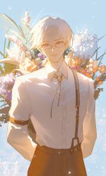 Rule 34 | 1boy, blouse, blue sky, bouquet, brown pants, closed mouth, flower, glasses, highres, holding, holding bouquet, long sleeves, looking at viewer, medium hair, mole, mole under eye, outdoors, pants, shirt, sky, smile, solo, tears of themis, vyn richter (tears of themis), white shirt, yellow eyes, yiy1123
