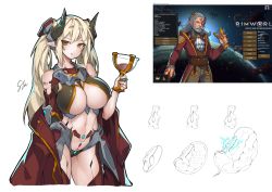 Rule 34 | 1boy, 1girl, alcohol, bad id, bad pixiv id, bare shoulders, beard, between breasts, breasts, coat, contrapposto, cup, cyborg, dragon horns, drinking glass, facial hair, genderswap, genderswap (mtf), grey hair, hair ornament, holding, holding cup, horns, large breasts, long hair, mecha musume, military, military coat, military uniform, mole, mole on breast, mustache, navel, off shoulder, open clothes, open coat, planet, pregnant, red coat, reference inset, revealing clothes, rimworld, sketch, stmast, stomach, triangle mouth, twintails, uniform, white hair, wine, wine glass, yellow eyes