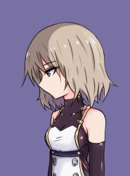 Rule 34 | 1girl, azur lane, black sleeves, blue background, breasts, brown hair, collarbone, covered collarbone, detached sleeves, long sleeves, medium breasts, no mouth, profile, purple eyes, rock zinc, simple background, solo, upper body, z23 (azur lane)