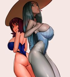 Rule 34 | 2girls, ass, ass-to-ass, back, bare shoulders, breasts, charlotte amande, choker, cigarette, creatures (company), crossover, covered erect nipples, game freak, green eyes, green hair, hat, highres, large breasts, looking at viewer, looking back, mfus, multiple girls, nintendo, one-piece swimsuit, one piece, pale skin, philena ivy, pokemon, pokemon (anime), pokemon (classic anime), purple hair, sideboob, strapless, strapless one-piece swimsuit, sun hat, swimsuit