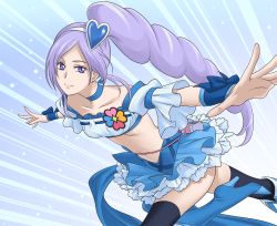 Rule 34 | 00s, 1girl, aono miki, black thighhighs, blue eyes, blue footwear, blue skirt, boots, bow, choker, cure berry, earrings, fresh precure!, frills, hair ornament, hairband, heart, heart hair ornament, jewelry, knee boots, long hair, looking at viewer, magical girl, midriff, navel, ponytail, precure, purple hair, ribbon, say (sakabin), side ponytail, skirt, smile, solo, thighhighs, wrist cuffs