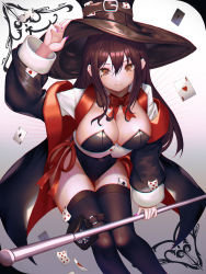 Rule 34 | 1girl, absurdres, arm up, black coat, black hair, black hat, black leotard, black thighhighs, bow, bowtie, breasts, brown eyes, card, cleavage, coat, crop top, cup6542, detached collar, groin, hair between eyes, hand on headwear, hat, highleg, highleg leotard, highres, holding, large breasts, leotard, long hair, long sleeves, looking at viewer, mole, mole under eye, nail polish, off shoulder, open clothes, open coat, original, playboy bunny, playing card, polearm, smile, solo, thigh strap, thighhighs, thighs, top hat, weapon, white coat