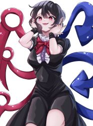 Rule 34 | 1girl, black dress, black hair, black wrist cuffs, blush, bow, breasts, center frills, commentary, cowboy shot, dress, erisauria, eyelashes, frilled dress, frills, hair between eyes, hands on own cheeks, hands on own face, hands up, highres, houjuu nue, long dress, looking at viewer, medium breasts, open mouth, pointy ears, puffy short sleeves, puffy sleeves, raised eyebrows, red bow, red eyes, short hair, short sleeves, simple background, smile, smirk, solo, touhou, tsurime, white background, wings, wrist cuffs