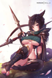 Rule 34 | 1girl, alternate breast size, animal ears, armband, asymmetrical legwear, black hair, black thighhighs, blush, breasts, brown cape, brown eyes, brown gloves, cape, cat ears, cat tail, falling petals, final fantasy, final fantasy vii, final fantasy vii remake, fingerless gloves, fishnet thighhighs, fishnets, full body, gloves, green shirt, hair between eyes, headband, high collar, holding shuriken, holding weapon, lace-up legwear, large breasts, looking at viewer, midriff, mitsu (mitsu art), outdoors, patreon username, petals, shirt, short hair, short shorts, shorts, shuriken, sitting, sleeveless, sleeveless turtleneck, solo, tail, thighhighs, toeless footwear, turtleneck, underboob, white background, yuffie kisaragi