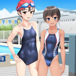 Rule 34 | 2girls, absurdres, bench, black hair, black one-piece swimsuit, blue eyes, blue one-piece swimsuit, blue sky, brown eyes, cameltoe, cloud, collarbone, commentary request, competition school swimsuit, competition swimsuit, covered navel, day, feet out of frame, flat chest, goggles, goggles on head, hand on own hip, highres, lane line, long hair, multicolored clothes, multicolored swimsuit, multiple girls, one-piece swimsuit, open mouth, original, outdoors, pool, pool ladder, poolside, red headwear, round teeth, school swimsuit, short hair, sky, smile, standing, starting block, string of flags, striped clothes, striped one-piece swimsuit, swim cap, swimsuit, takafumi, tan, teeth, tomboy, upper teeth only, variant set, vertical-striped clothes, vertical-striped one-piece swimsuit