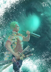 Rule 34 | 1boy, absurdres, alcohol, artist name, bottle, closed mouth, unworn eyewear, from side, green hair, highres, holding, holding bottle, holding sword, holding weapon, katana, one piece, open clothes, open shirt, roronoa zoro, short hair, signature, smile, solo, sword, water, weapon, yuzhen