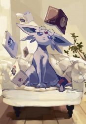 Rule 34 | armchair, bbibebe, bespectacled, book, chair, commentary request, creatures (company), eevee, espeon, forehead jewel, forked tail, full body, game freak, gen 1 pokemon, gen 2 pokemon, gengar, glasses, hat, highres, indoors, looking up, nintendo, no humans, on chair, open book, plant, pokemon, pokemon (creature), purple eyes, reading, round eyewear, santa hat, seel, signature, sitting, smile, solo, starmie, tail, telekinesis, twitter username