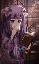 Rule 34 | 1girl, blue ribbon, blush, book, crescent, crescent hat ornament, cup, dress, hat, hat ornament, highres, holding, holding book, holding cup, long hair, long sleeves, mob cap, patchouli knowledge, purple dress, purple eyes, purple hair, purple hat, red ribbon, ribbon, solo, striped clothes, striped dress, touhou, vertical-striped clothes, vertical-striped dress, wheat retzel