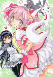 Rule 34 | 10s, 2girls, :3, akemi homura, amy (madoka magica), arched back, argyle, argyle clothes, argyle legwear, black hair, blush, bubble skirt, cat, collar, fangs, frown, gloves, hairband, heart, kaname madoka, kyubey, looking back, magical girl, mahou shoujo madoka magica, mahou shoujo madoka magica (anime), marker (medium), multiple girls, open mouth, pantyhose, purple eyes, rodeorodeo, short hair, short twintails, skirt, traditional media, twintails