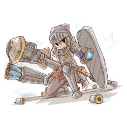 Rule 34 | 1girl, ammunition, armor, black eyes, blonde hair, blush stickers, commentary request, electricity, fate/grand order, fate (series), full armor, full body, gareth (fate), helmet, highres, holding, holding polearm, holding weapon, knight, lance, looking at viewer, on one knee, open mouth, player193, polearm, reloading, shield, short hair, simple background, solo, visor lift, weapon, white background