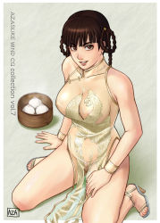 Rule 34 | 1girl, arm support, azasuke, baozi, bare shoulders, braid, breasts, brown eyes, brown hair, china dress, chinese clothes, cuffs, dead or alive, dress, earrings, female focus, food, grin, highres, jewelry, kneeling, lei fang, nipples, no bra, no panties, sandals, see-through, smile, solo, tecmo, twin braids
