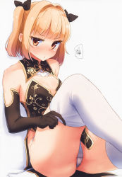 Rule 34 | 1girl, :o, absurdres, adjusting clothes, adjusting legwear, alternate costume, ass, bare shoulders, blonde hair, blunt bangs, blush, breasts, china dress, chinese clothes, cleavage cutout, clothing cutout, collarbone, dress, elbow gloves, floral print, full body, gloves, highres, huge filesize, iijima yun, looking at viewer, new game!, nitro (mugityaoisii), open mouth, panties, pelvic curtain, red eyes, short dress, short hair, side-tie panties, side slit, simple background, sitting, small breasts, solo, speech bubble, spoken squiggle, squiggle, thick thighs, thighhighs, thighs, two side up, underwear, untied panties, v-shaped eyebrows, white panties, white thighhighs